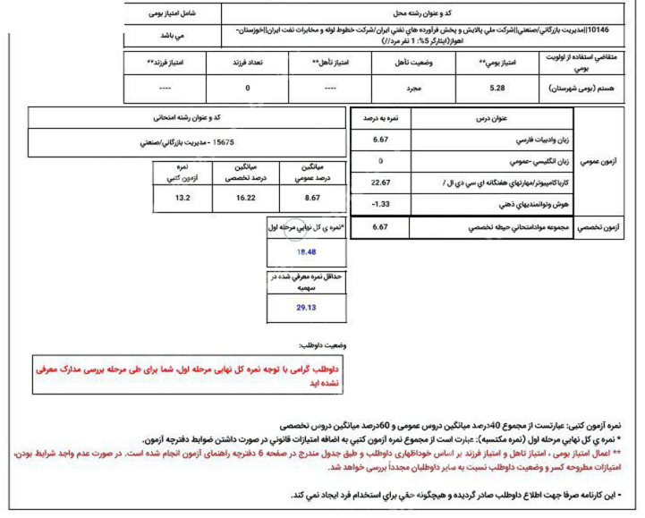 نمونه کارنامه قبولی استخدام شرکت نفت شماره 4