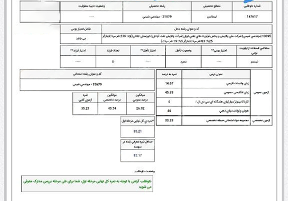 نمونه کارنامه قبولی استخدام شرکت نفت شماره 6