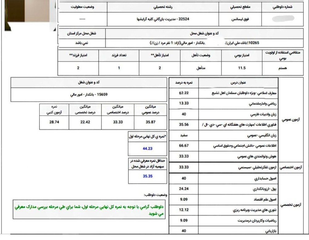 نمونه کارنامه قبولی استخدام بانک 2