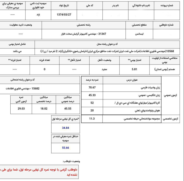 نمونه کارنامه قبولی استخدام شرکت نفت شماره 1