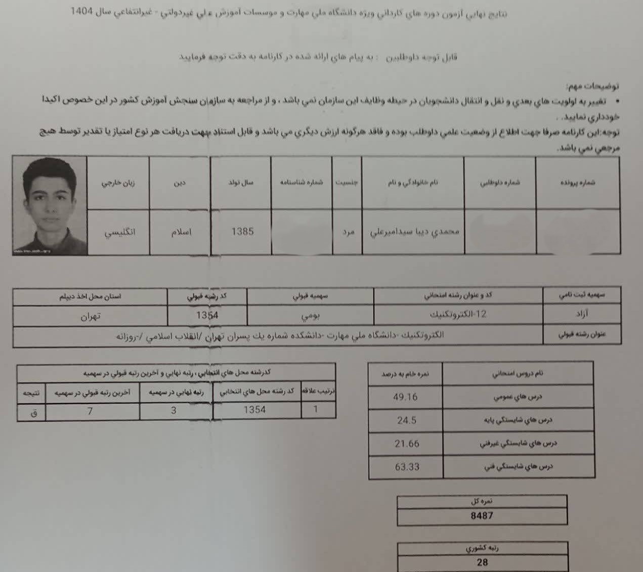 کارنامه رشته الکتروتکنیک 1404 رتبه 28