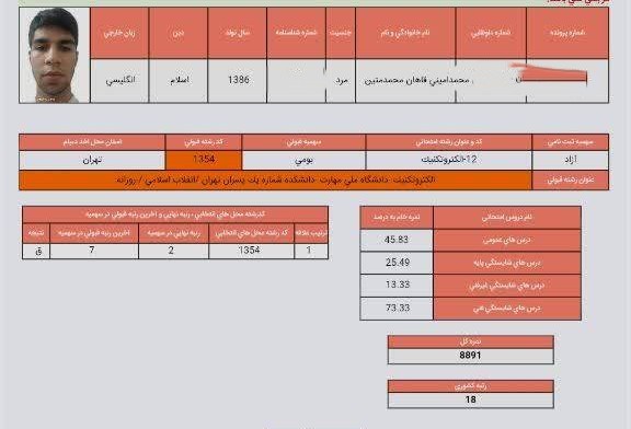 کارنامه رشته الکتروتکنیک 1404نمونه 21